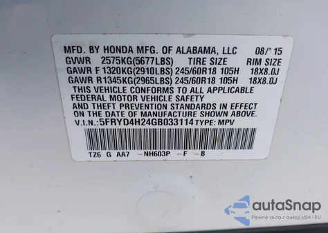 2016 Acura Mdx Acurawatch Plus Package z USA, uszkodzony, nr VIN 5FRYD4H24GB033114